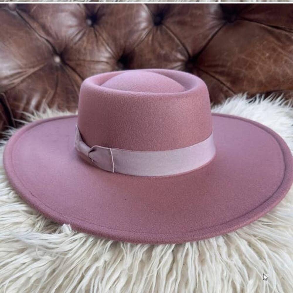 Wide Brim Boater Hat with Ribbon - Structured Faux Felt Hat - Picture 5 of 5